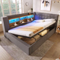 Graues L-foermiges Funktions-Tagesbett aus Leinenstoff mit LED-Beleuchtung, Ladeanschluss, Ablagefach und hydraulischem Stauraum, Lattenrost 140 x 200 cm ohne Matratze