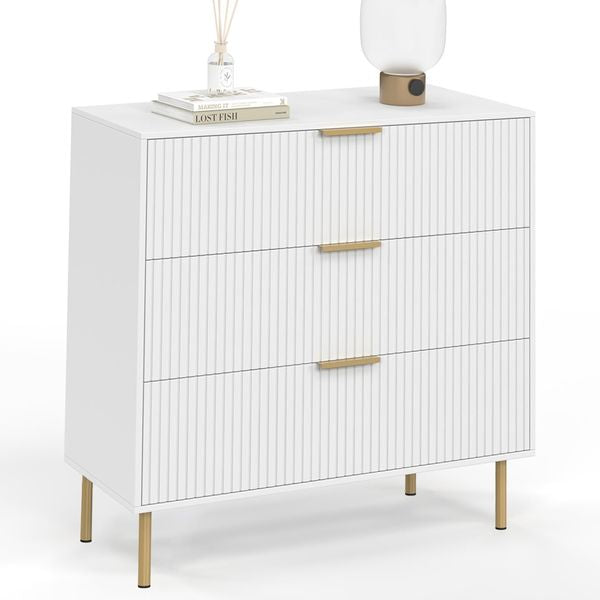Elegante weisse Lattenkommode mit vergoldeten Akzenten und drei Stauraumschubladen, kompakte 80 cm Breite
