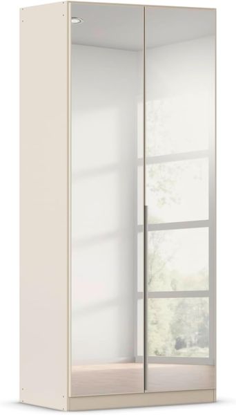 Beiger kompakter Garderobenschrank mit 91 cm Breite, platzsparendes Aufbewahrungsmoebel fuer das Schlafzimmer