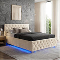 Sandfarbenes Samt-Polsterbett im Chesterfield-Stil mit LED-Beleuchtung per Fernbedienung, Stauraum und Gasdruckfeder, 250 kg Tragkraft 140 x 200 cm