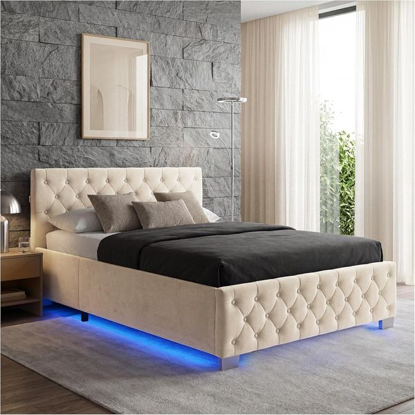 Sandfarbenes Samt-Polsterbett im Chesterfield-Stil mit LED-Beleuchtung per Fernbedienung, Stauraum und Gasdruckfeder, 250 kg Tragkraft 140 x 200 cm