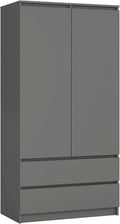 Minimalistischer zweitueriger Kleiderschrank aus stabilen Schichtstoffplatten, mit zwei Schubladen, Regalen und Kleiderstange, 90 cm Breite