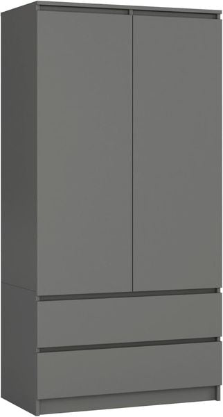 Minimalistischer zweitueriger Kleiderschrank aus stabilen Schichtstoffplatten, mit zwei Schubladen, Regalen und Kleiderstange, 90 cm Breite