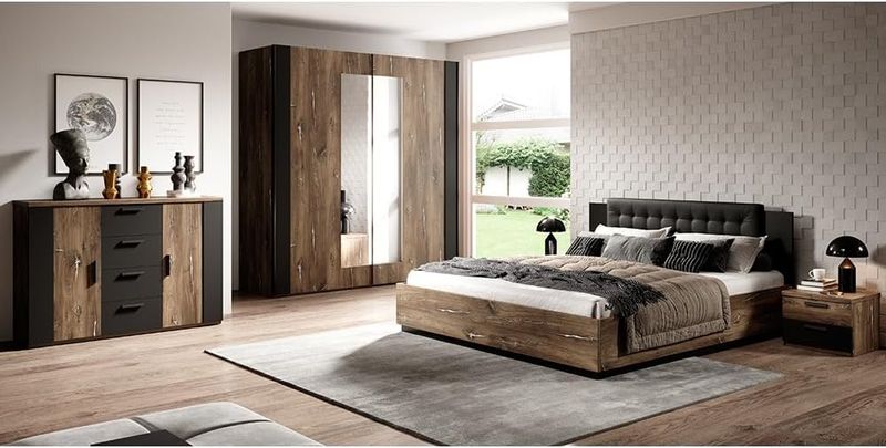 Komplettes Schlafzimmerset in dunkler Eiche-, Silber- und Schwarzoptik, bestehend aus Bett und Lattenrost, Liegeflaeche 160 x 200 cm