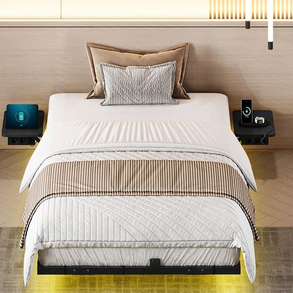 Modernes Bettgestell mit LED-Kopfteil und integrierter USB-C-Ladestation, stabiler Rahmen ohne Matratze 120 x 200 cm