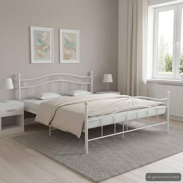 Grosses quadratisches weisses Metall-Doppelbett mit stabiler Lattenrostkonstruktion, robustes hochwertiges Schlafzimmermoebel 200 x 200 cm
