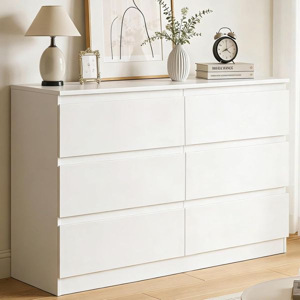Moderne weisse Holzkommode mit sechs Schubladen, kompakte Masse 120 x 40 x 75 cm, multifunktional fuer Flur, Wohn- und Schlafzimmer
