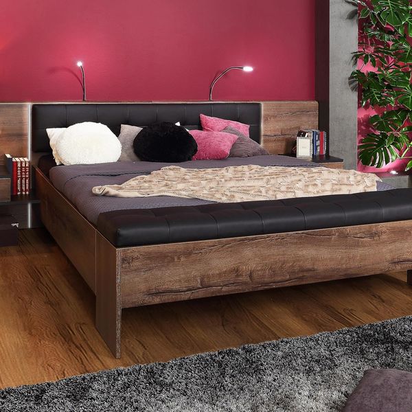 Elegantes Bett-Set aus Schlammeiche- und Schwarzeiche Holzdekor, bestehend aus Polsterbett und zwei Nachtschraenken, Gesamtmasse 284,6 x 96,5 x 208,7 cm, Liegeflaeche 160 x 200 cm